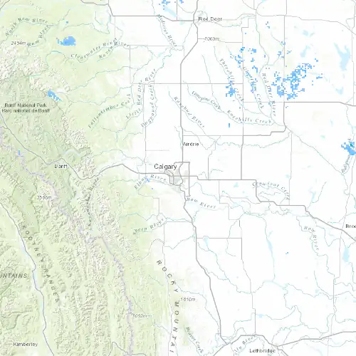 Radar near Calgary at now — 12:00 am MDT, Sat Jul 11