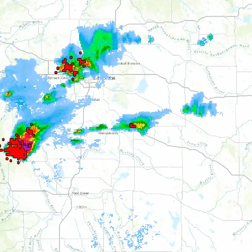 Radar near Camrose at now — 12:00 am MDT, Sat Jul 11