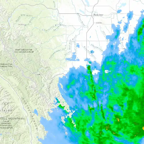Radar near Cochrane at now — 9:00 pm MDT, Mon Sep 7