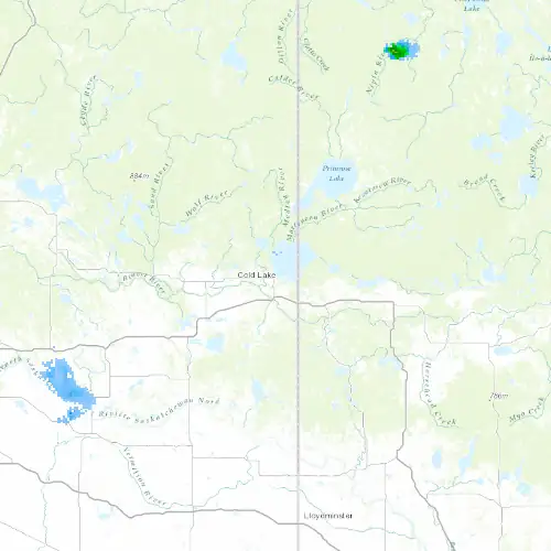Radar near Cold Lake at now — 10:54 pm MDT, Fri Jul 10