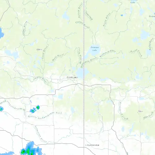 Radar near Cold Lake at now — 12:00 am MDT, Sat Jul 11