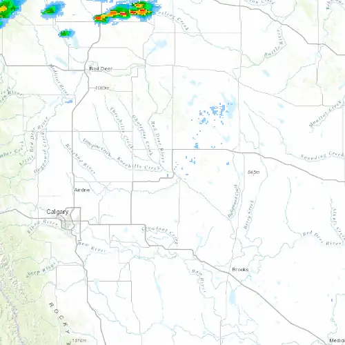Radar near Drumheller at now — 10:48 pm MDT, Fri Jul 10