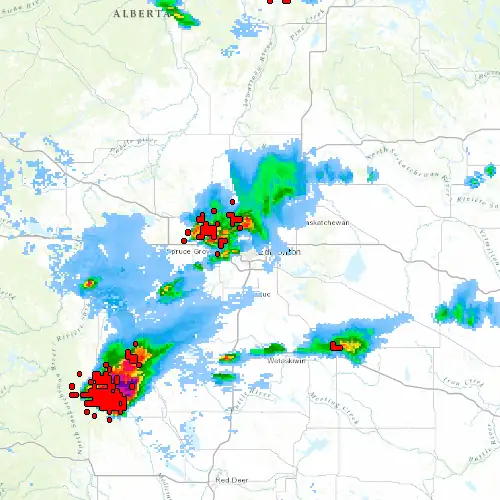 Radar near Edmonton at now — 12:00 am MDT, Sat Jul 11