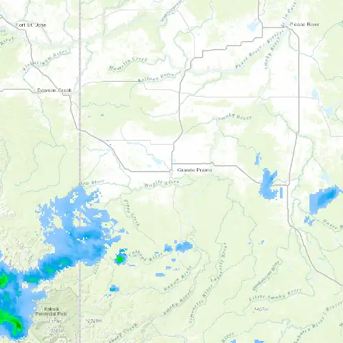 Radar near Grande Prairie at now — 11:00 pm MDT, Fri Jul 10