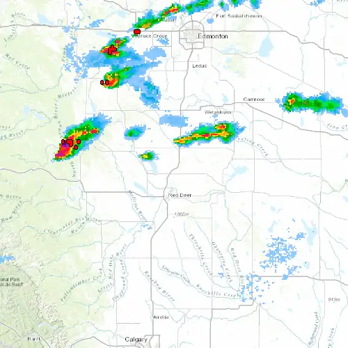 Radar near Lacombe at now — 10:54 pm MDT, Fri Jul 10