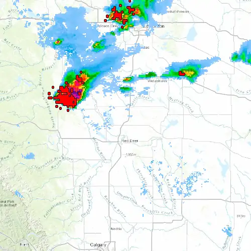 Radar near Lacombe at now — 12:00 am MDT, Sat Jul 11
