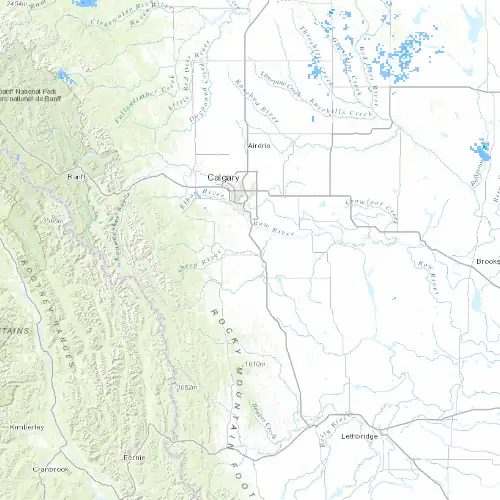 Radar near Okotoks at now — 12:00 am MDT, Sat Jul 11