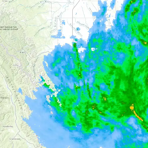 Radar near Okotoks at now — 9:00 pm MDT, Mon Sep 7