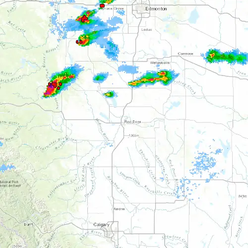 Radar near Red Deer at now — 10:54 pm MDT, Fri Jul 10