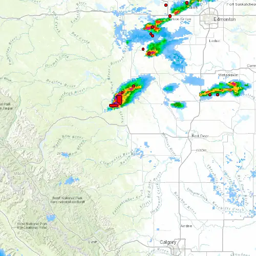 Radar near Rocky Mountain House at now — 11:00 pm MDT, Fri Jul 10