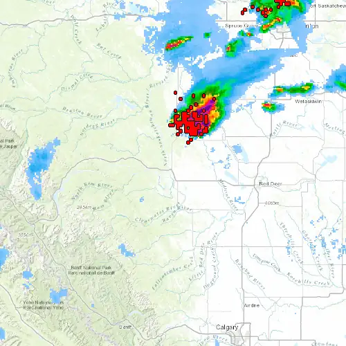 Radar near Rocky Mountain House at now — 12:12 am MDT, Sat Jul 11