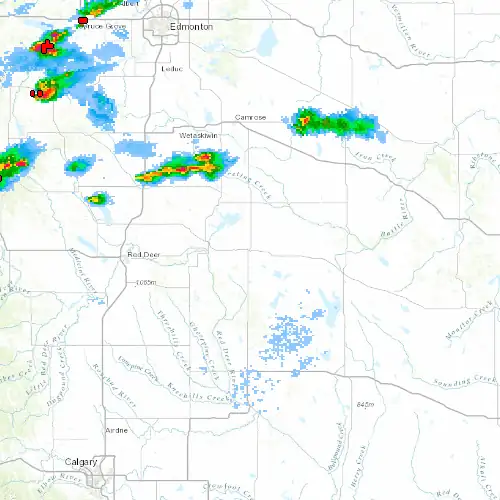 Radar near Stettler at now — 10:54 pm MDT, Fri Jul 10