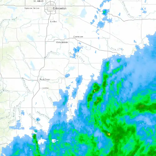 Radar near Stettler at now — 9:00 pm MDT, Mon Sep 7
