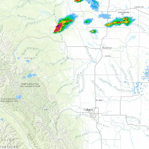 Radar near Sundre at now — 10:54 pm MDT, Fri Jul 10