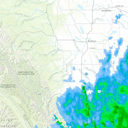 Radar near Sundre at now — 9:00 pm MDT, Mon Sep 7