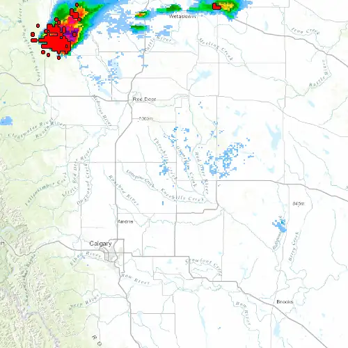 Radar near Three Hills at now — 12:00 am MDT, Sat Jul 11