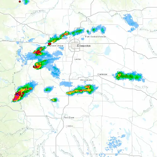 Radar near Wetaskiwin at now — 10:54 pm MDT, Fri Jul 10