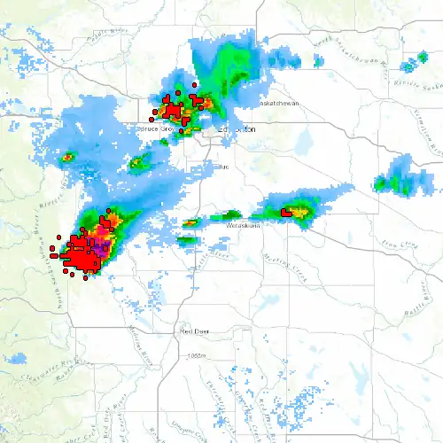 Radar near Wetaskiwin at now — 12:00 am MDT, Sat Jul 11