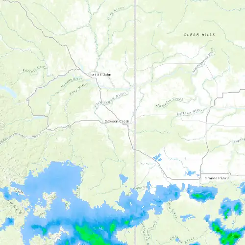 Radar near Dawson Creek at now — 11:06 pm PDT, Fri Jul 10