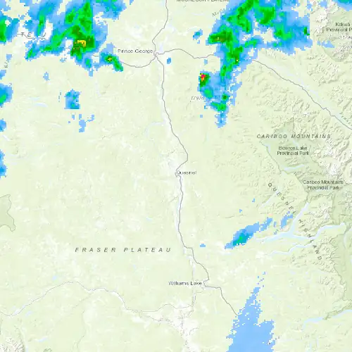 Radar near Quesnel at now — 11:00 pm PDT, Fri Jul 10