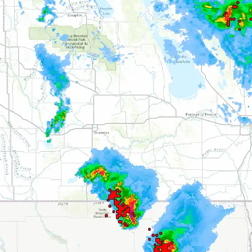 Radar near Carberry at now — 10:00 pm CDT, Mon Sep 7
