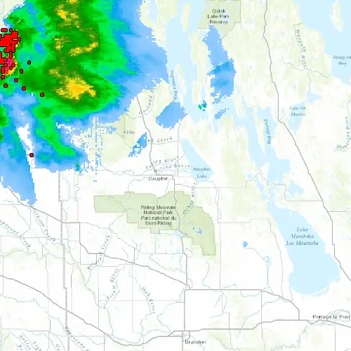 Radar near Dauphin at now — 11:54 pm CDT, Fri Jul 10