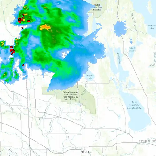 Radar near Dauphin at now — 1:00 am CDT, Sat Jul 11