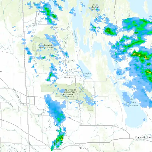Radar near Dauphin at now — 10:00 pm CDT, Mon Sep 7