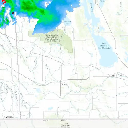 Radar near Minnedosa at now — 1:00 am CDT, Sat Jul 11