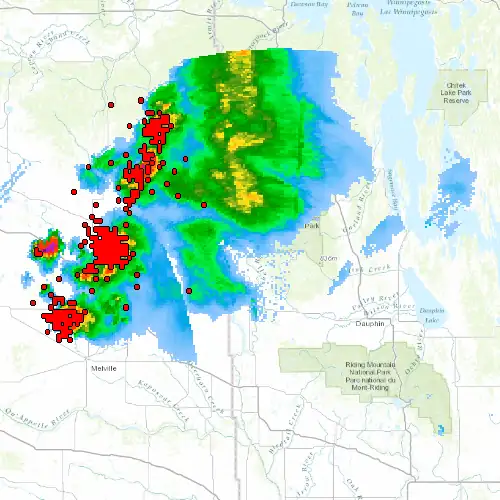 Radar near Roblin at now — 11:48 pm CDT, Fri Jul 10