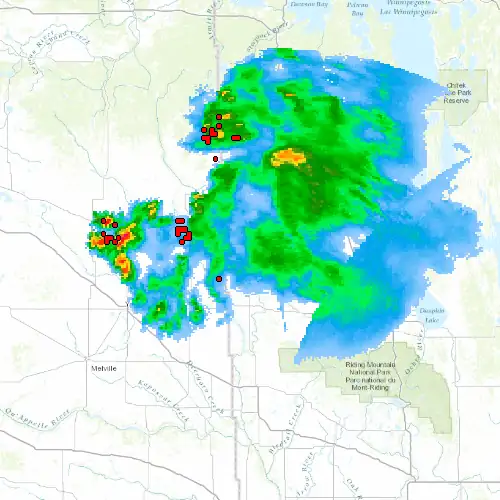 Radar near Roblin at now — 1:00 am CDT, Sat Jul 11