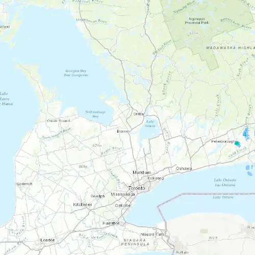 Radar near Barrie at now — 12:48 am EDT, Sat Jul 11