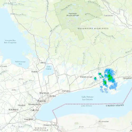 Radar near Kawartha Lakes (Fenelon Falls) at now — 1:06 am EDT, Sat Jul 11