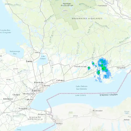 Radar near Kawartha Lakes (Lindsay) at now — 1:00 am EDT, Sat Jul 11