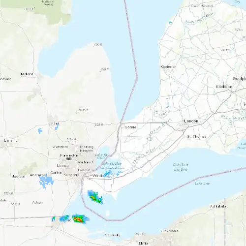 Radar near Sarnia at now — 12:54 am EDT, Sat Jul 11