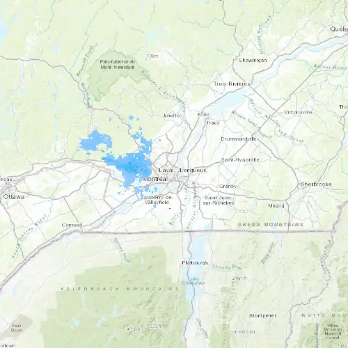 Radar near Montréal at now — 1:00 am EDT, Sat Jul 11