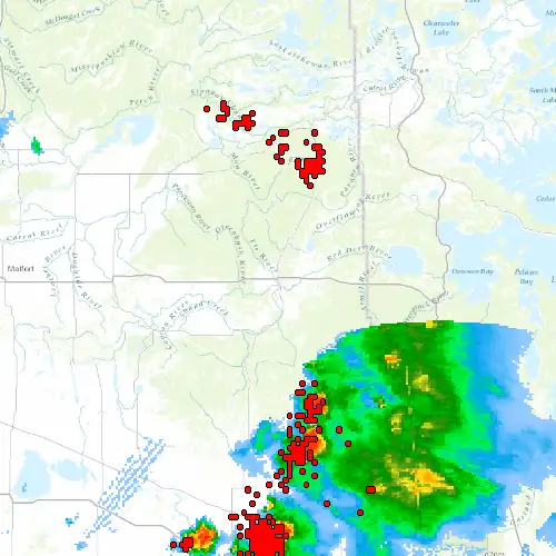 Radar near Hudson Bay at now — 11:00 pm CST, Fri Jul 10