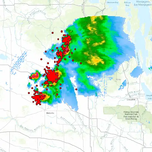 Radar near Kamsack at now — 10:54 pm CST, Fri Jul 10