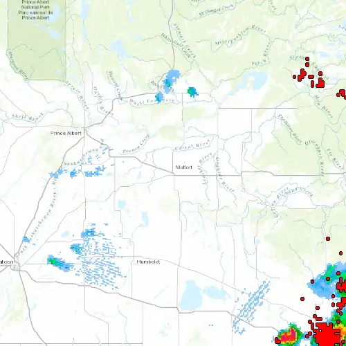 Radar near Melfort at now — 10:54 pm CST, Fri Jul 10
