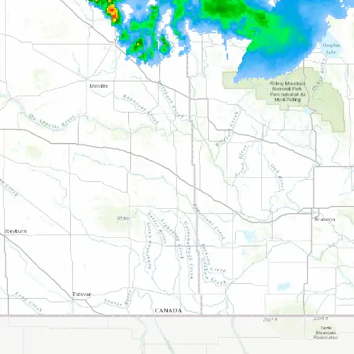 Radar near Moosomin at now — 12:00 am CST, Sat Jul 11
