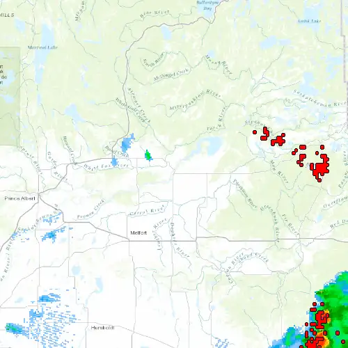 Radar near Nipawin at now — 11:00 pm CST, Fri Jul 10