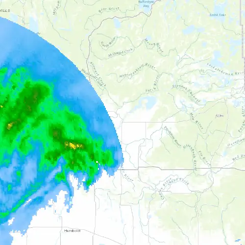Radar near Nipawin at now — 9:00 pm CST, Mon Sep 7