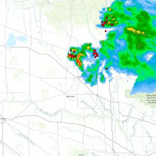 Radar near Yorkton at now — 12:06 am CST, Sat Jul 11
